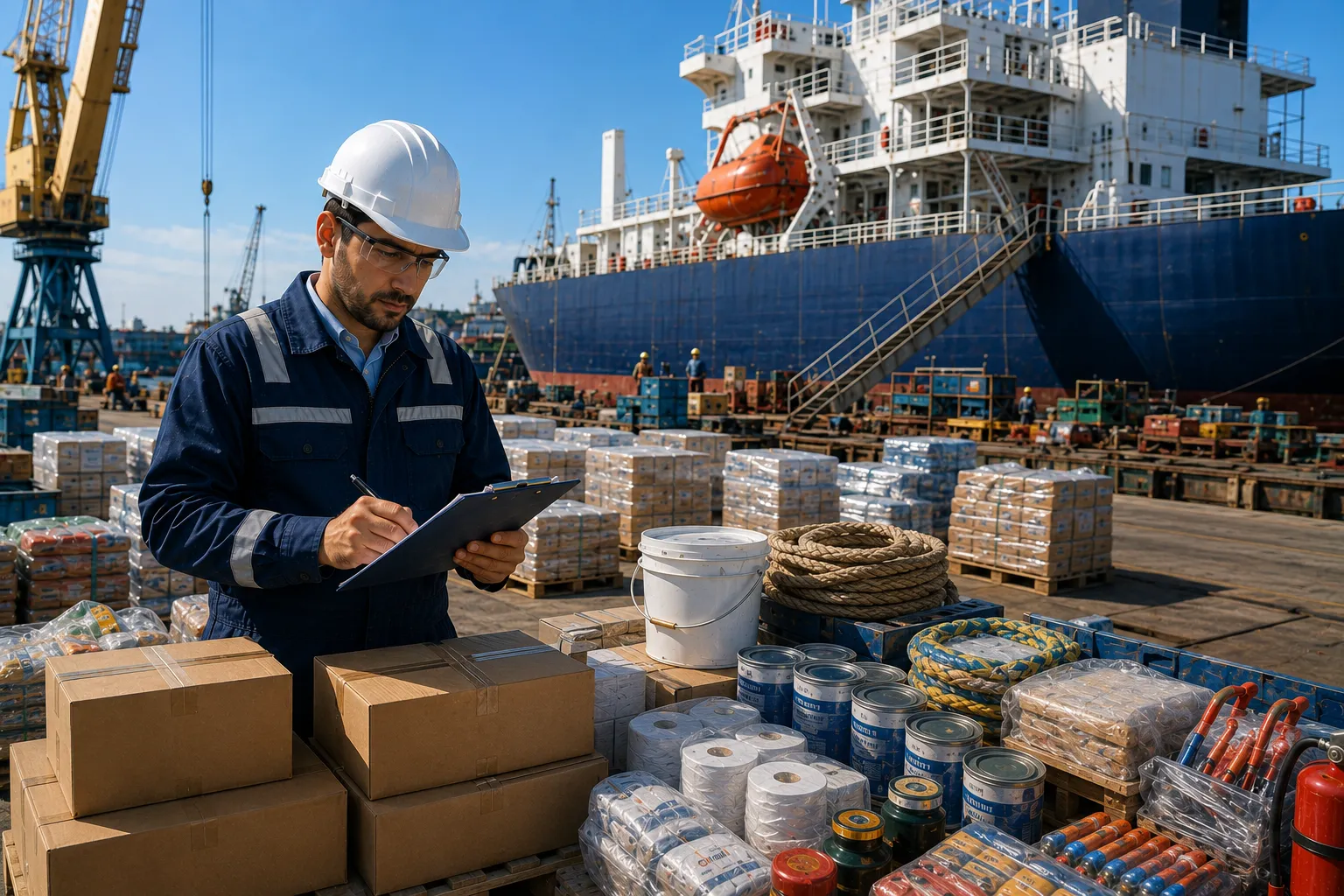 Shipyard crane loading color-coded pre-packs onto a vessel for initial supply