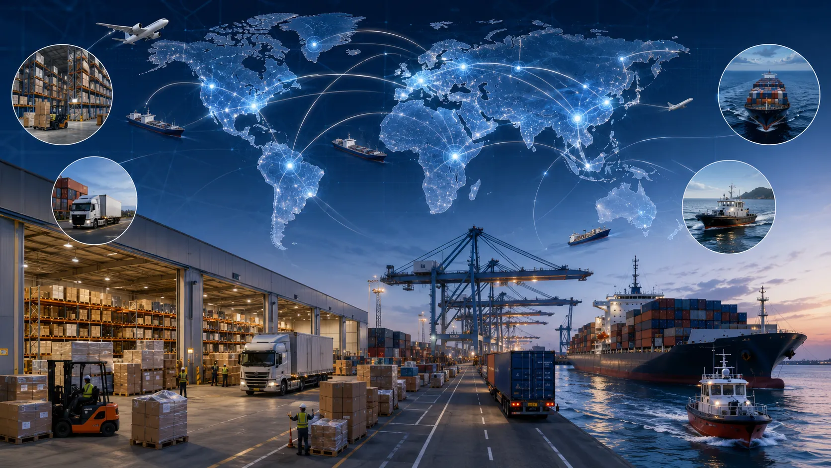 JUKO MARINE global maritime supply chain network diagram featuring bonded warehouse locations and vessel logistics dispatch flow
