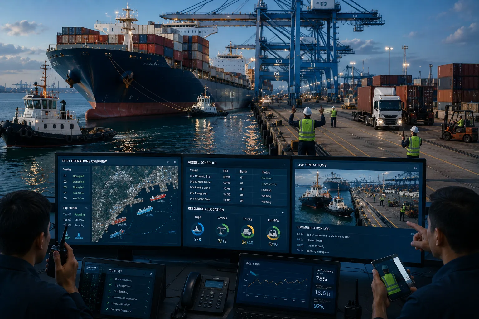 JUKO MARINE harbor tugboat dispatch and pilotage team coordinating berthing maneuvers at commercial terminal