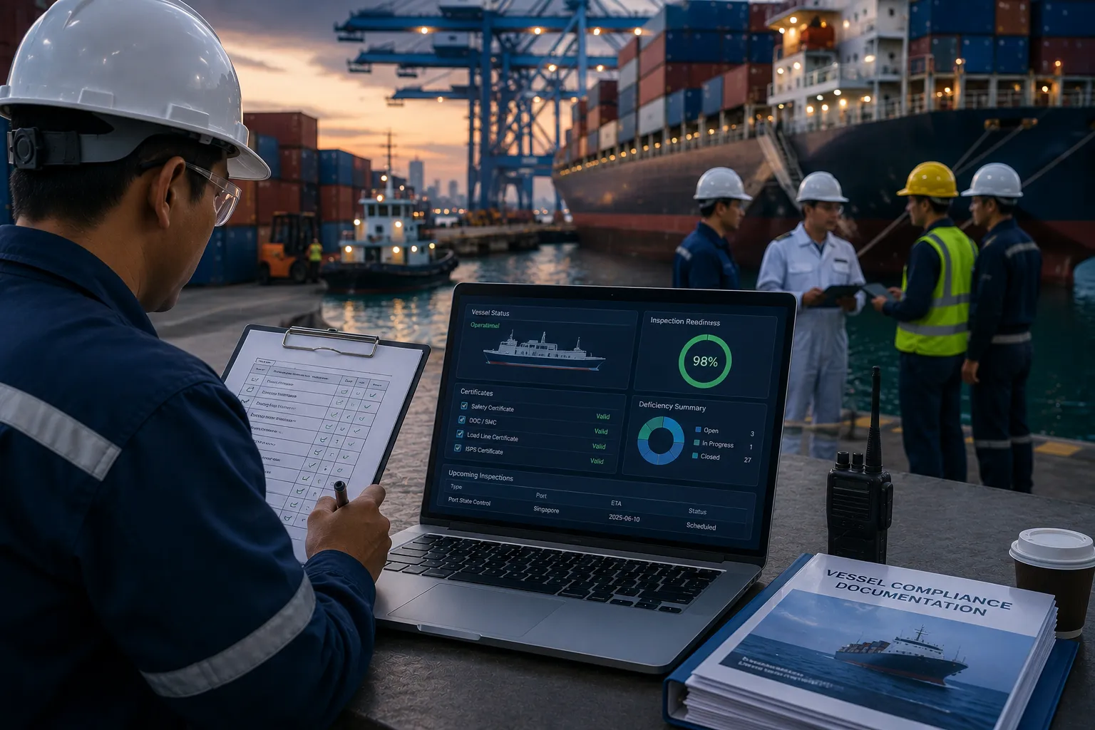 Quality inspector conducting vessel inspection
