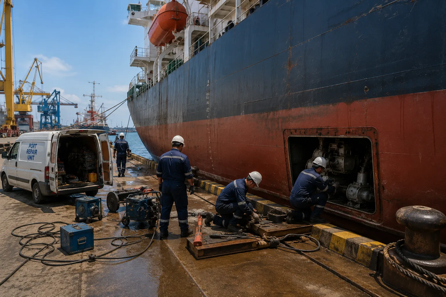 Berth repair execution by marine technical team at port