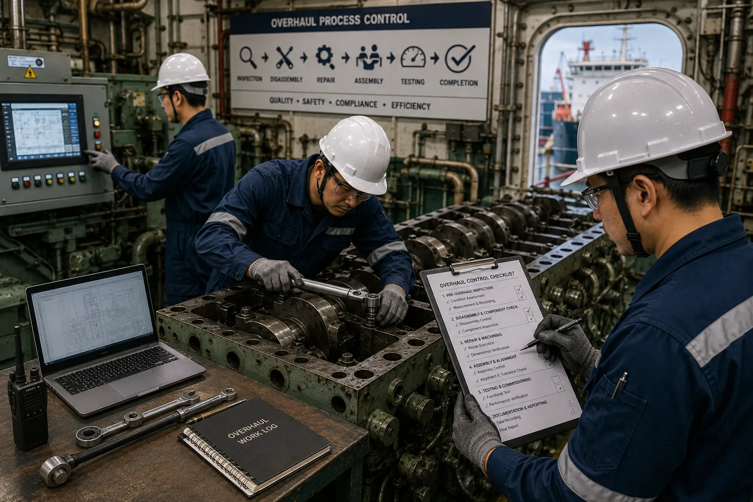 Marine engineering superintendent conducting repair scope management and shipyard vendor coordination on site