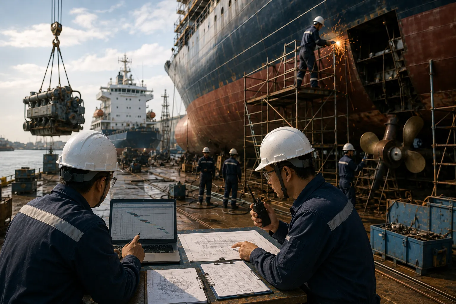Commercial vessel receiving voyage repair and dock maintenance support