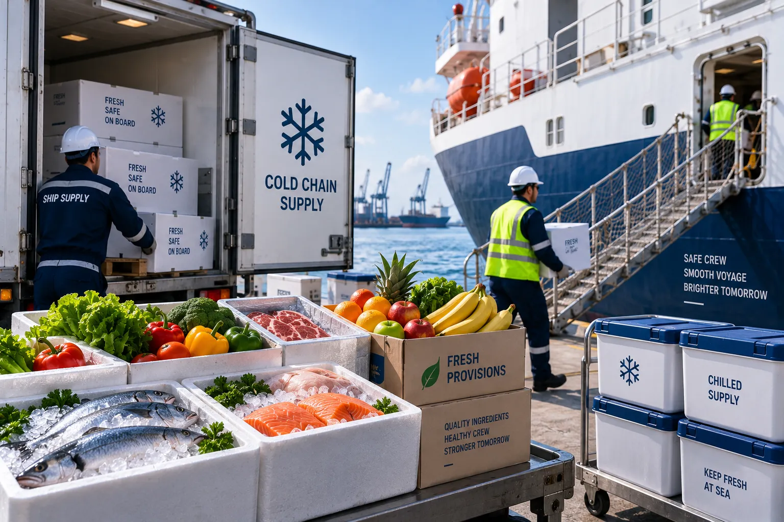 Fresh vessel provisions supply and cold-chain food management for commercial ships