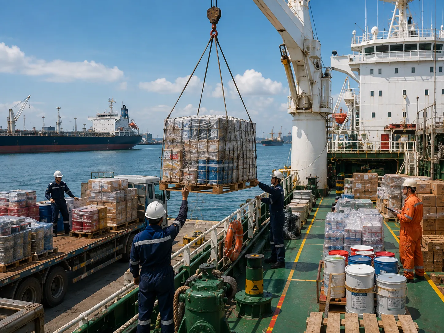 Container ship anchorage replenishment and deck crane lifting operations for JUKO MARINE vessel supply projects