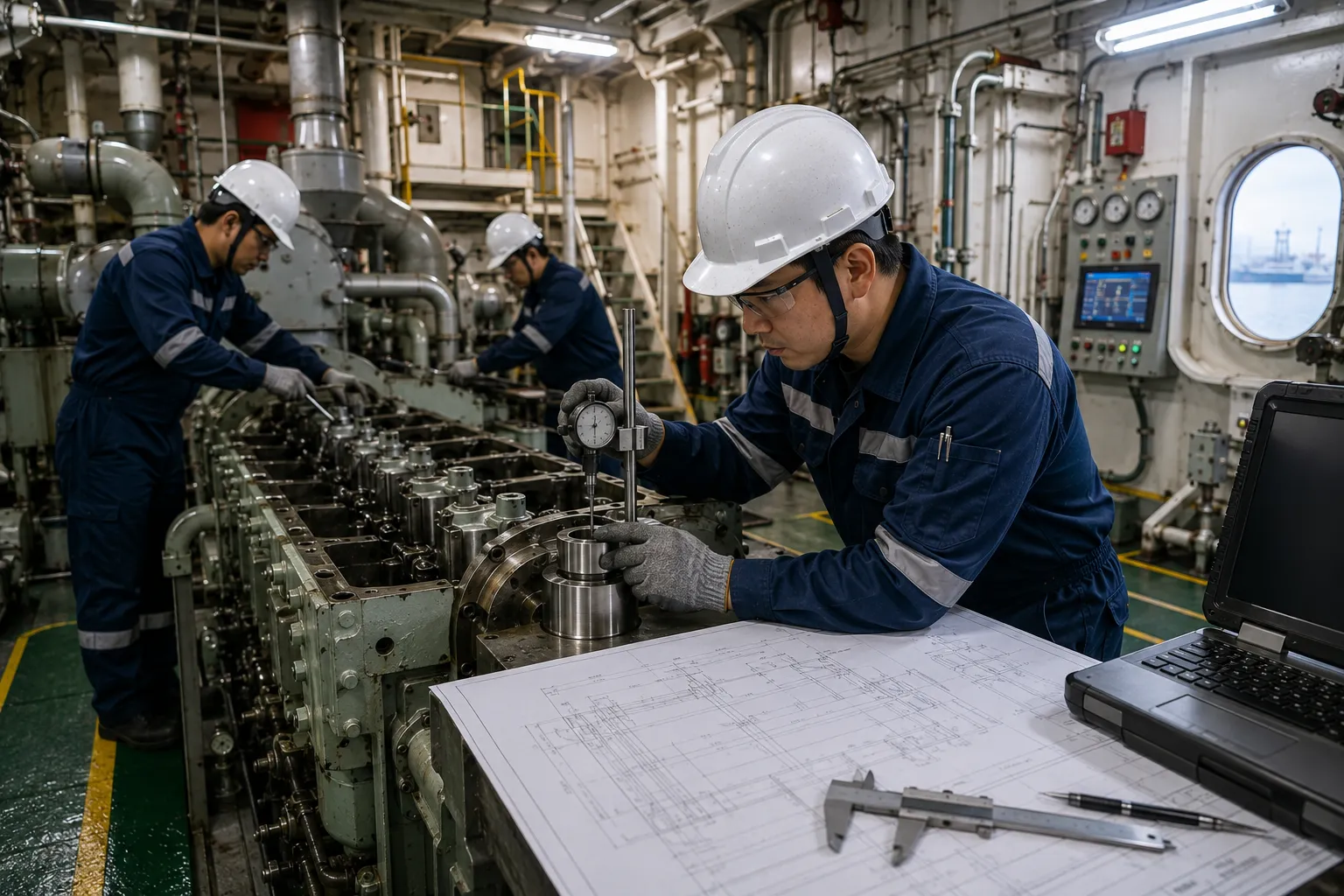 Certified marine engineers performing quality assurance inspection