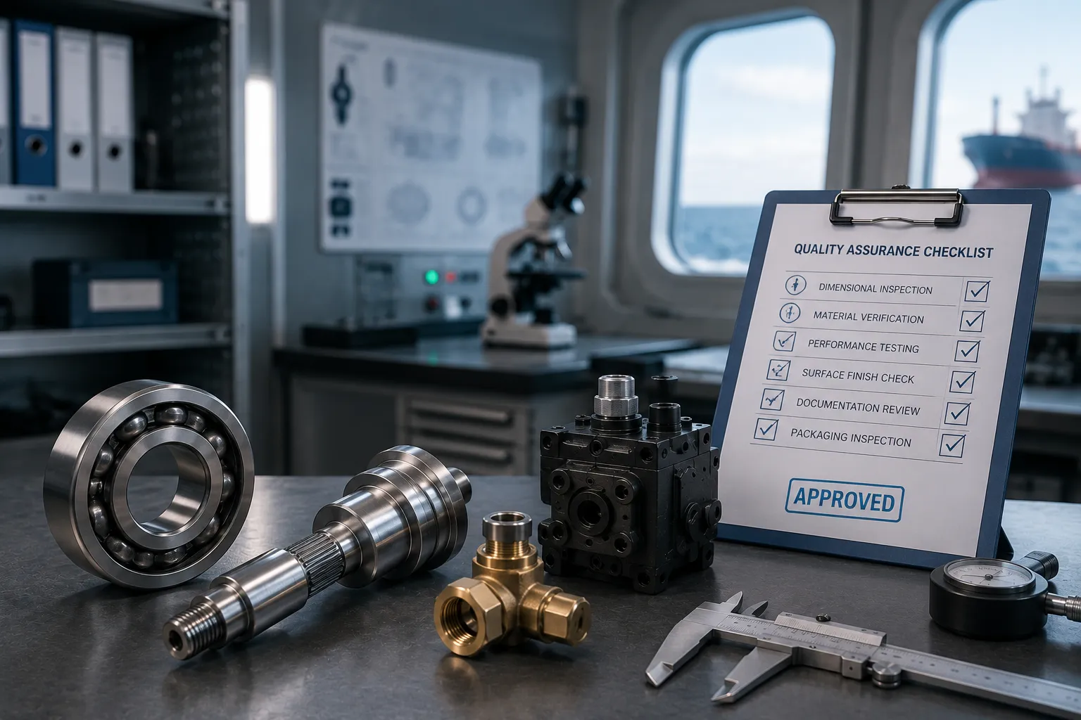 Quality assurance inspection and class certification testing for marine engine room spare parts