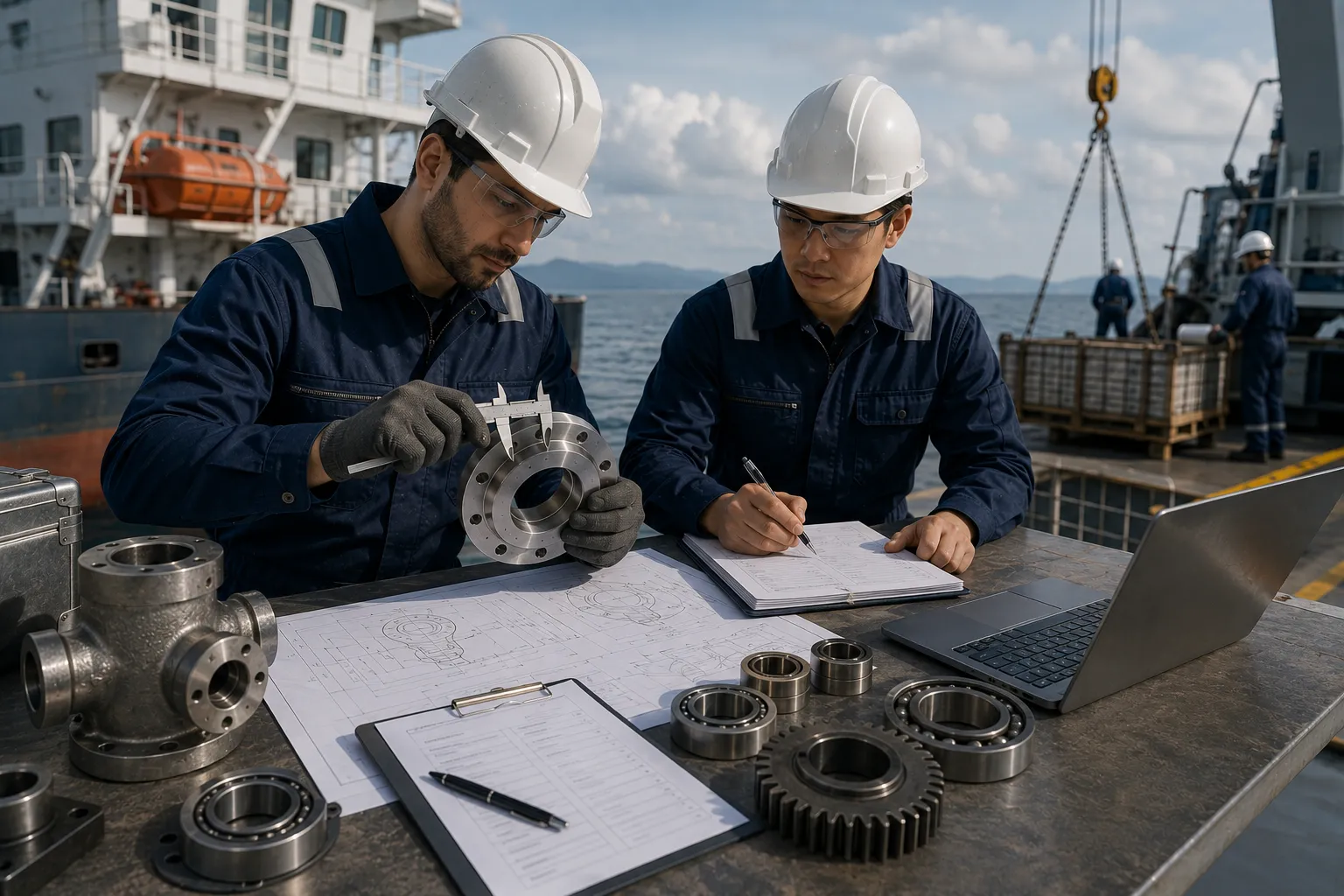 Ship newbuilding agency team conducting technical quality inspection