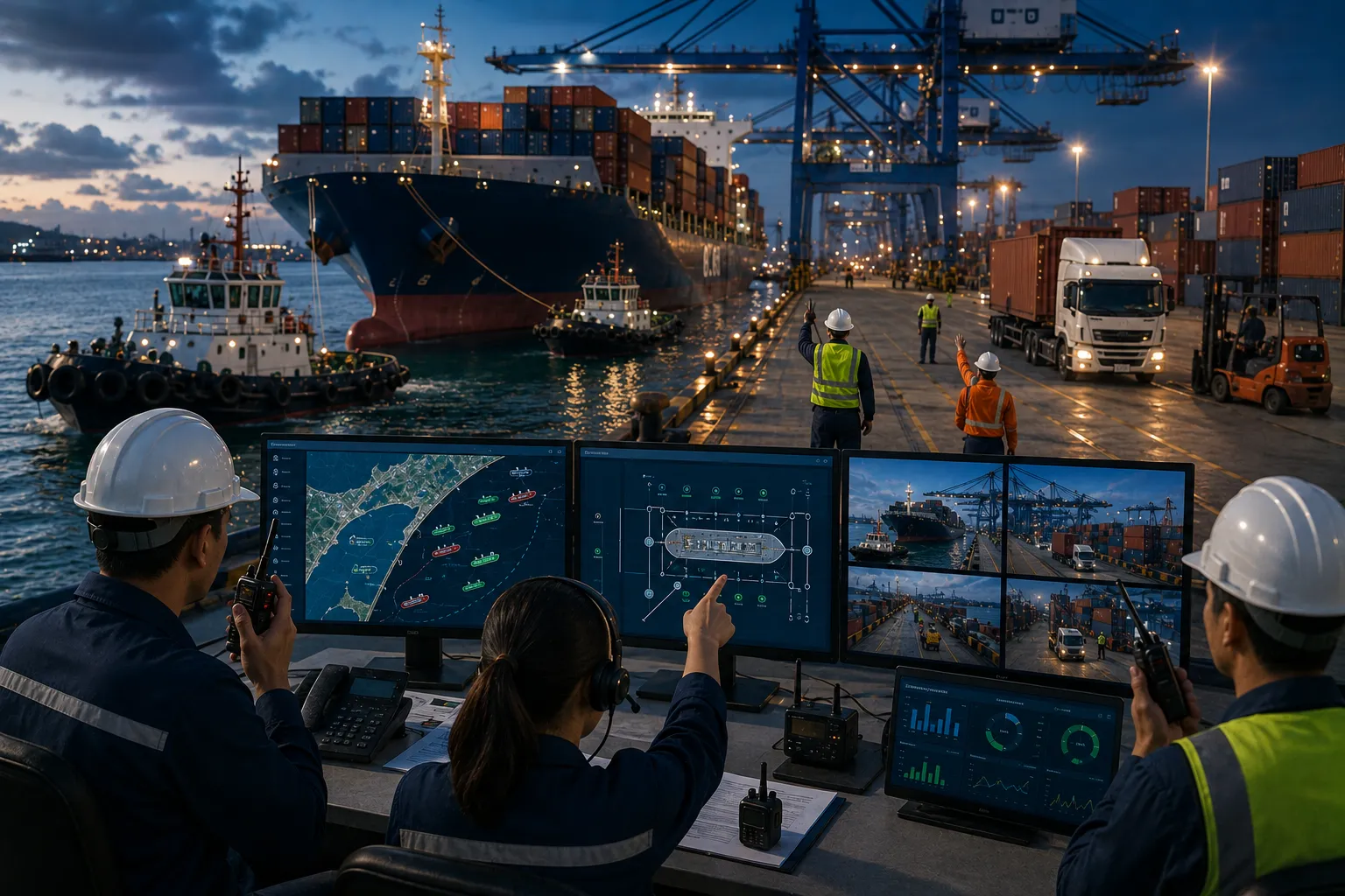 Port vessel arrival process and tugboat mooring workflow