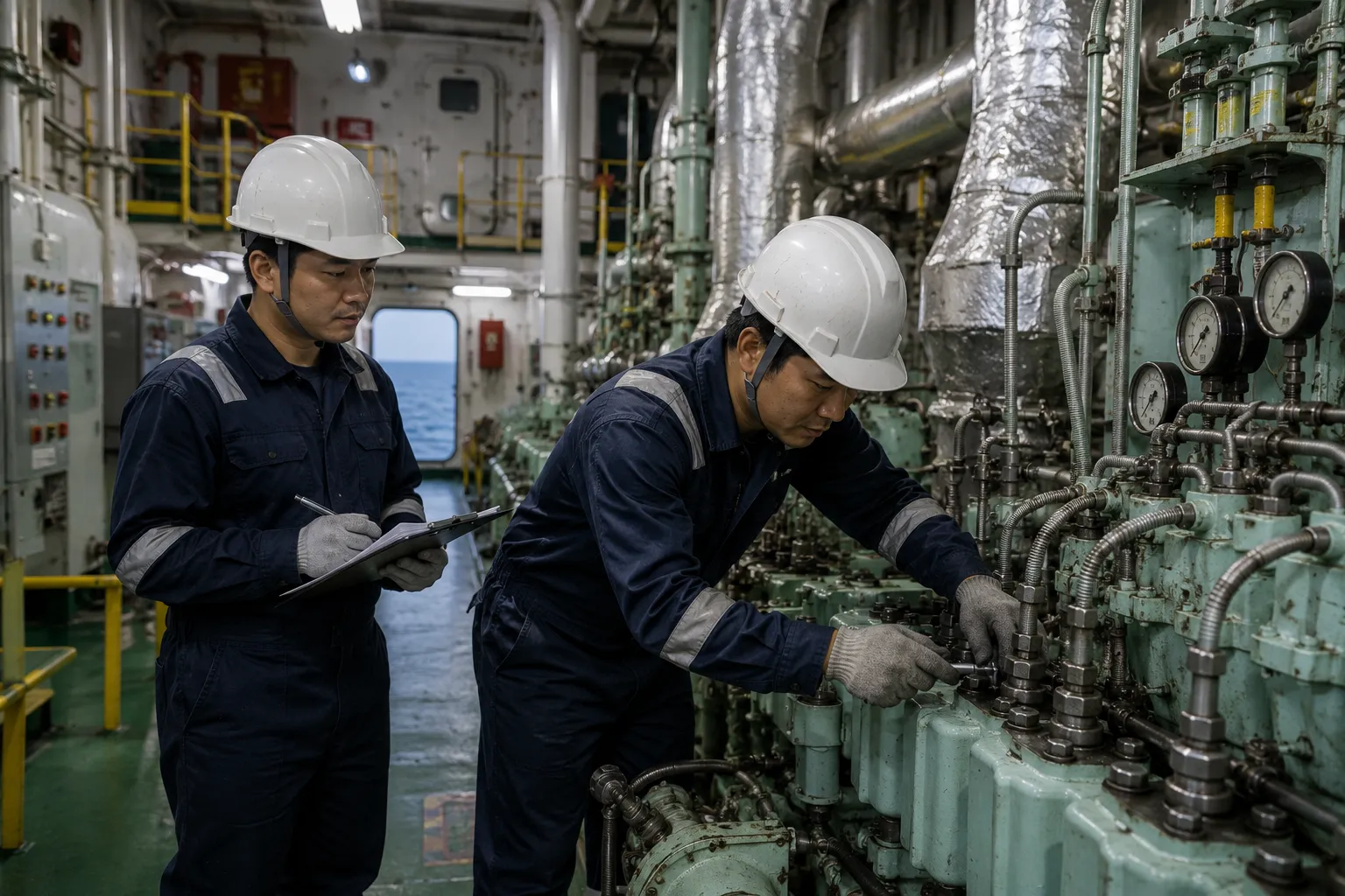 Riding engineer performing voyage maintenance onboard ship