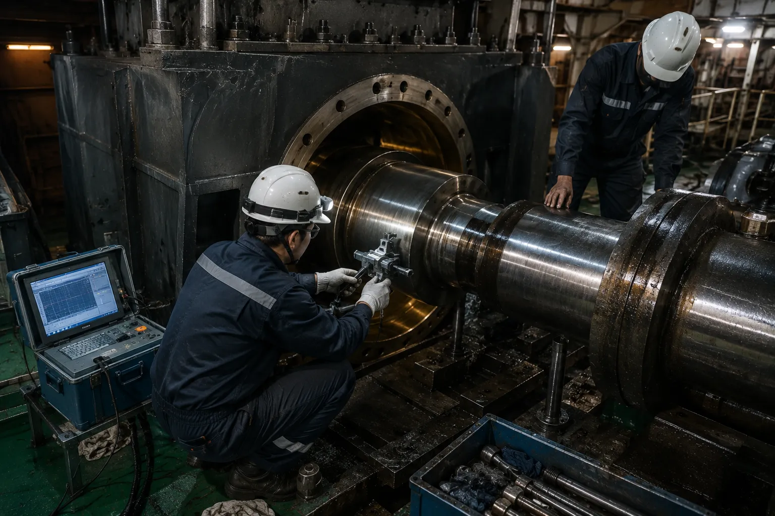 Emergency marine machinery repair main journal bearing in situ machining