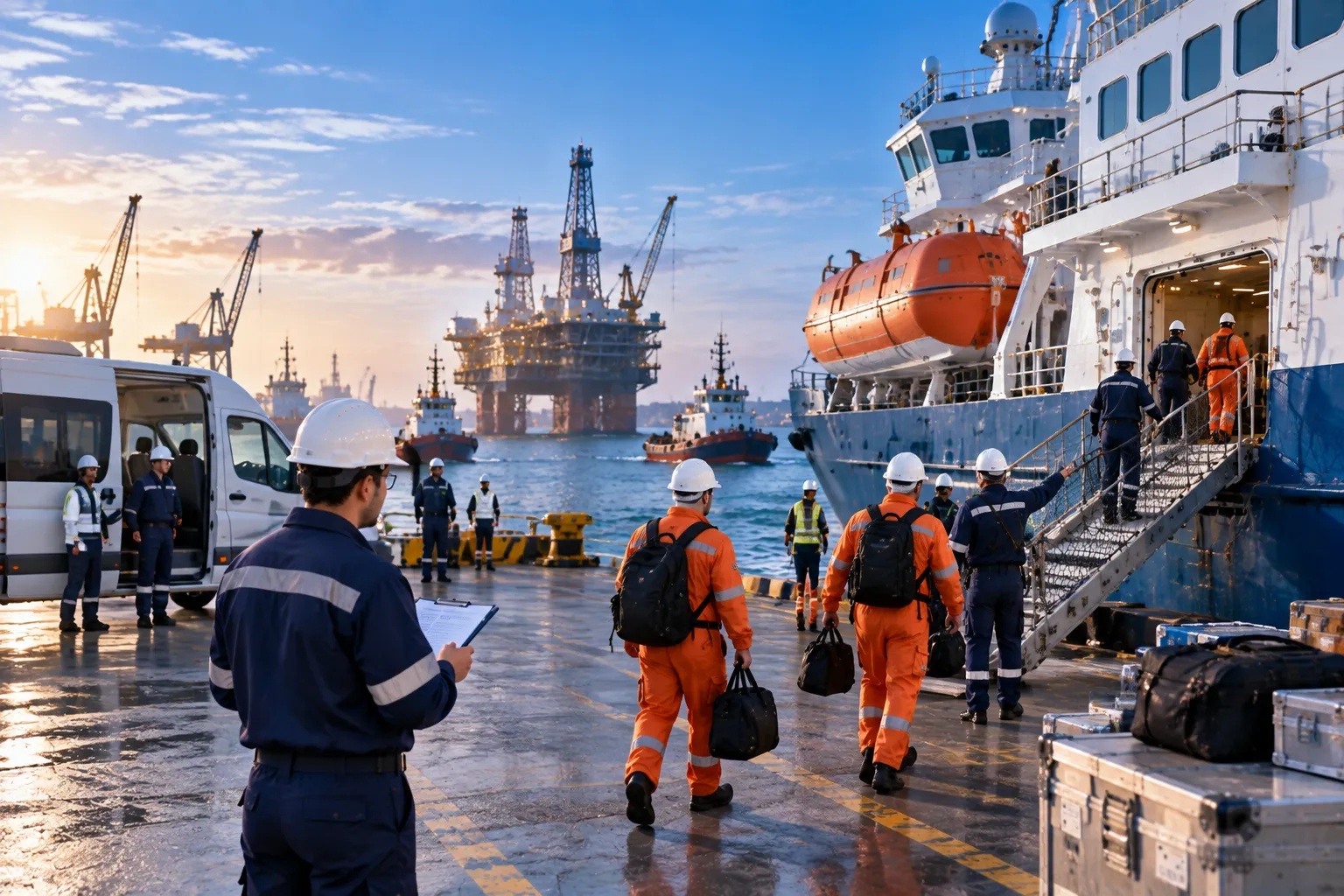 Port agency and crew husbandry coordination for offshore vessels