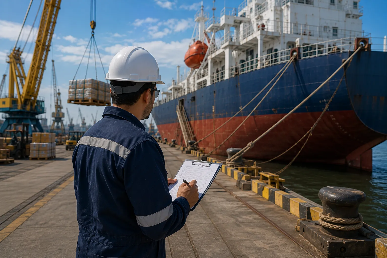 JUKO MARINE supervisor performing vessel readiness inspection and initial stores verification at shipyard quay