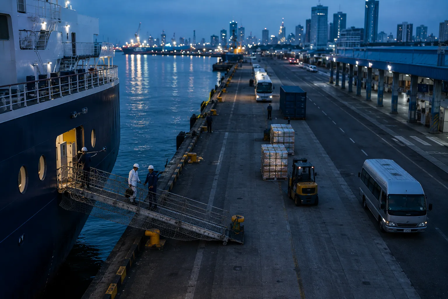Crew port logistics support including shore pass processing and provisions