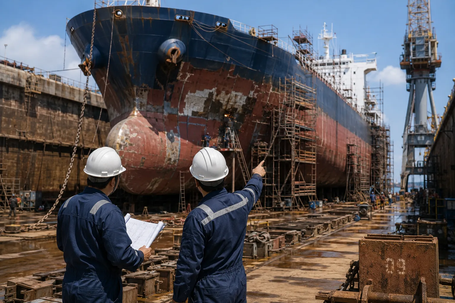 Dry dock repair and hull maintenance oversight at shipyard