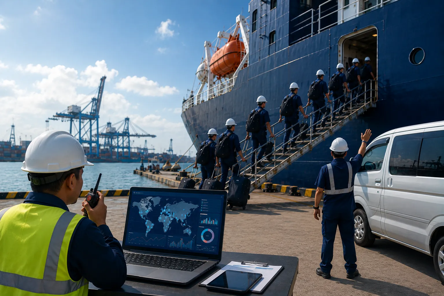 JUKO MARINE field coordination team managing seafarer port logistics and vehicle transfers