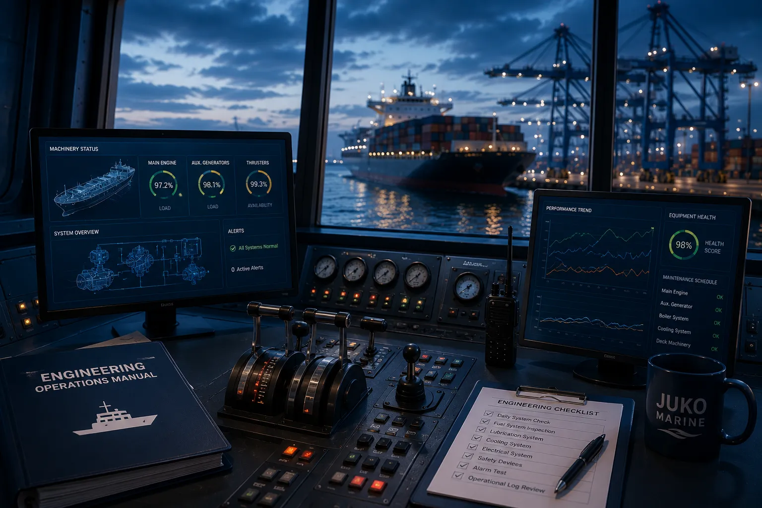 JUKO MARINE superintendents conducting engine room technical inspection and maintenance