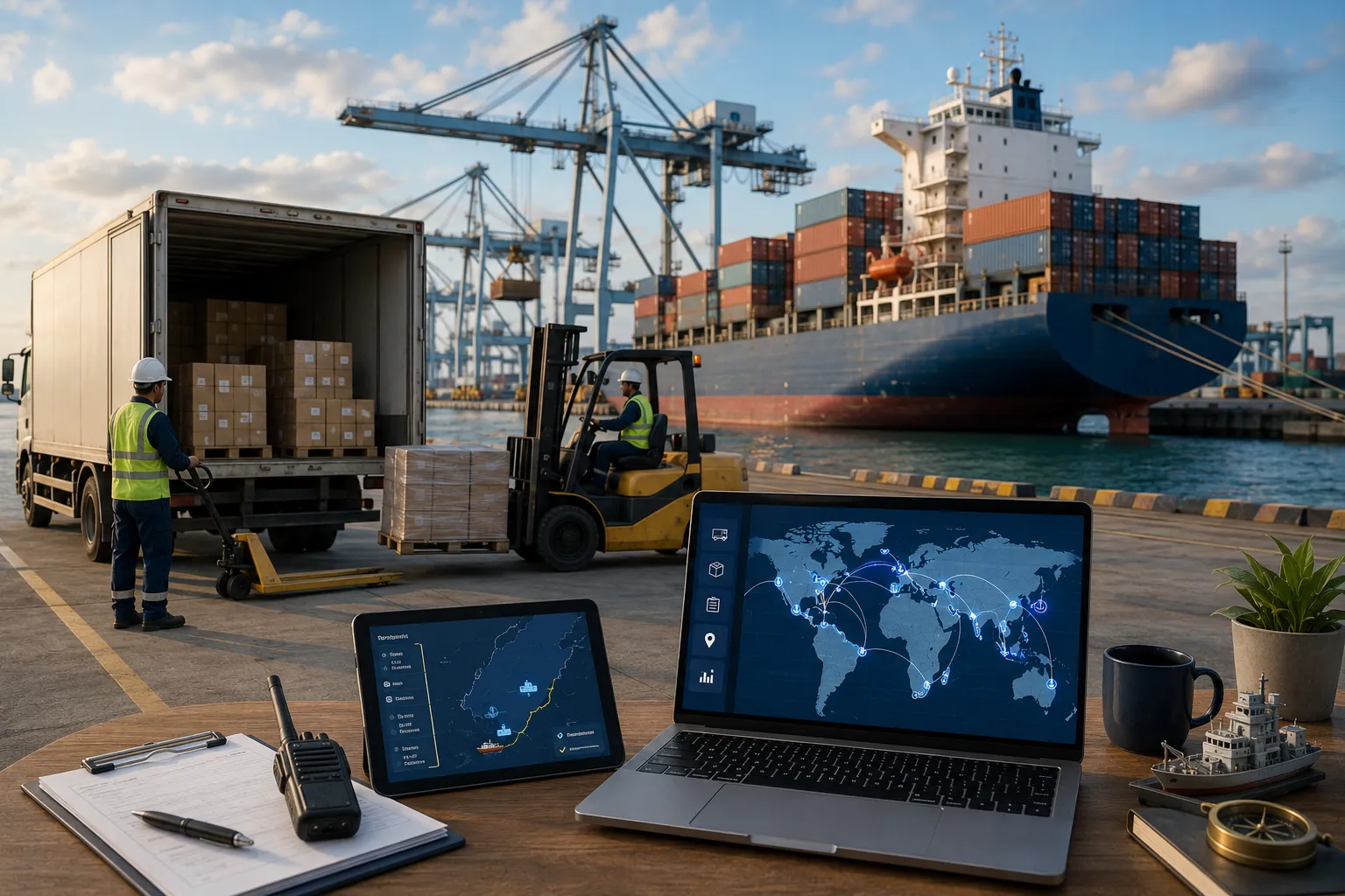 Global port delivery marine stores logistics network and last-mile vessel supply visual representation