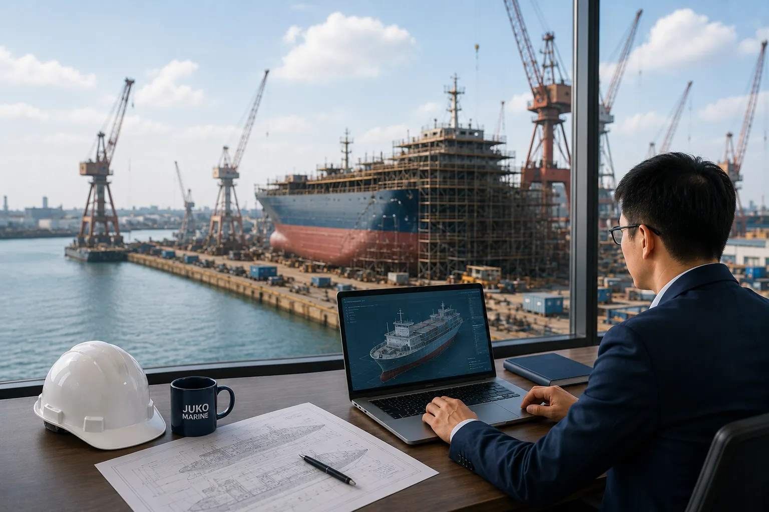 JUKO MARINE newbuilding site supervision team inspecting shipyard construction