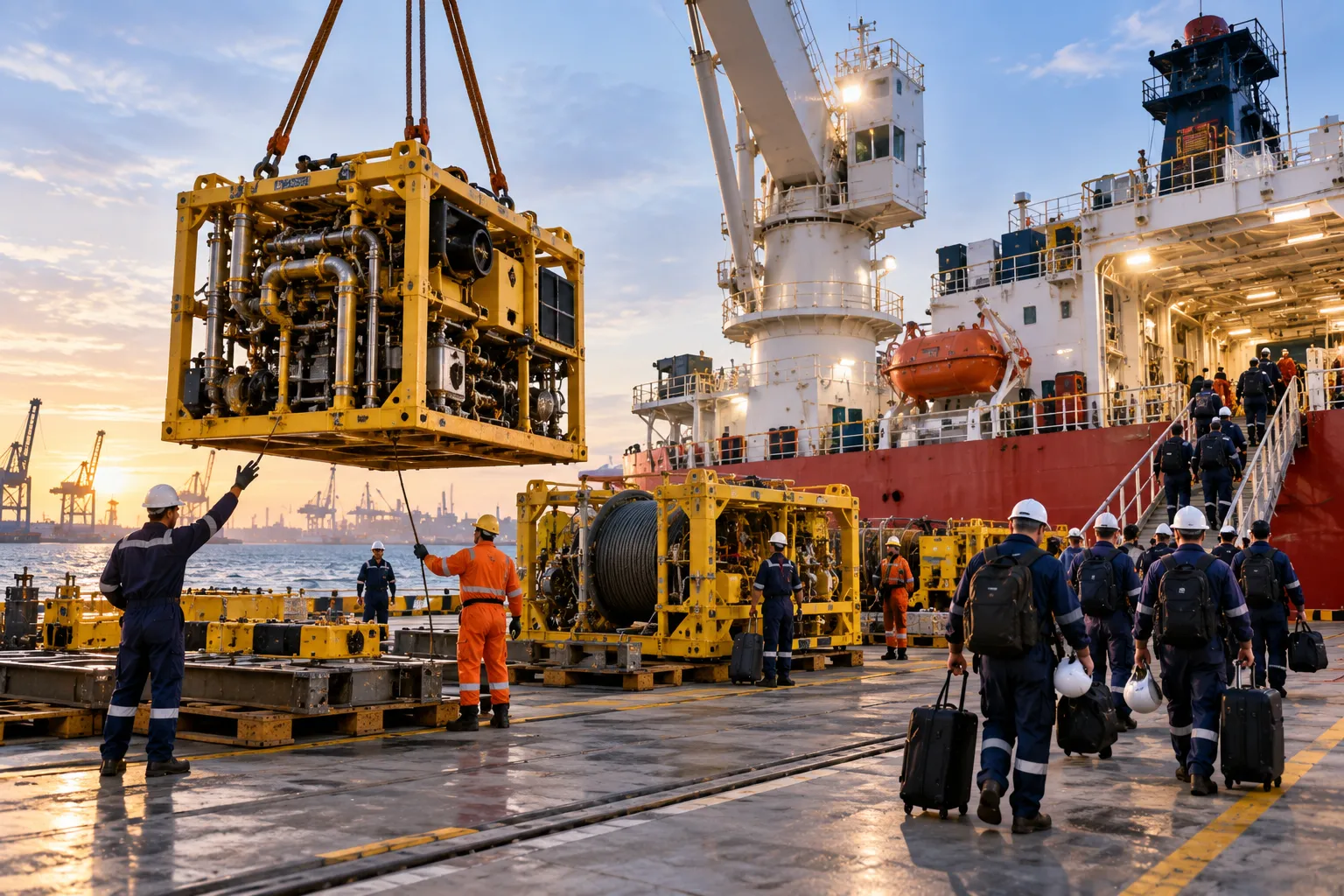 Offshore engineering vessel subsea equipment staging