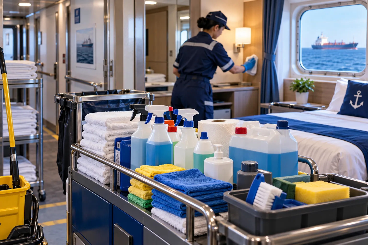 Cabin hygiene products, sanitation chemicals, and cleaning supplies for ships