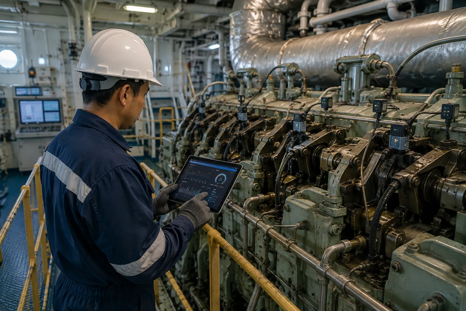 Engineer carrying out preventative maintenance on main engine components